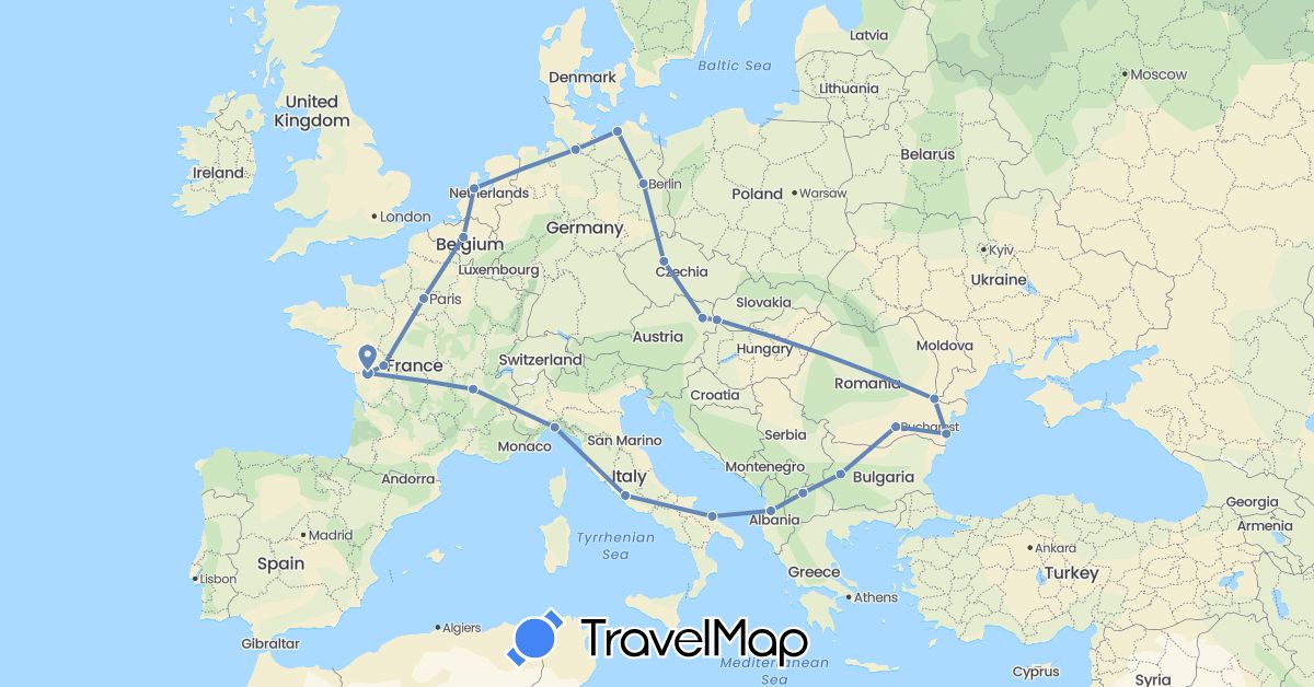 TravelMap itinerary: cycling in Albania, Austria, Belgium, Bulgaria, Czech Republic, Germany, France, Italy, Macedonia, Netherlands, Romania, Slovakia (Europe)